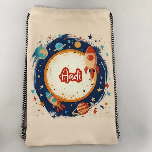 Personalised Space Printed Drawstring Bag with Neck Pillow Combo for Kids